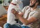 Young men moving in new house. He is happy and playing with his pet dog.